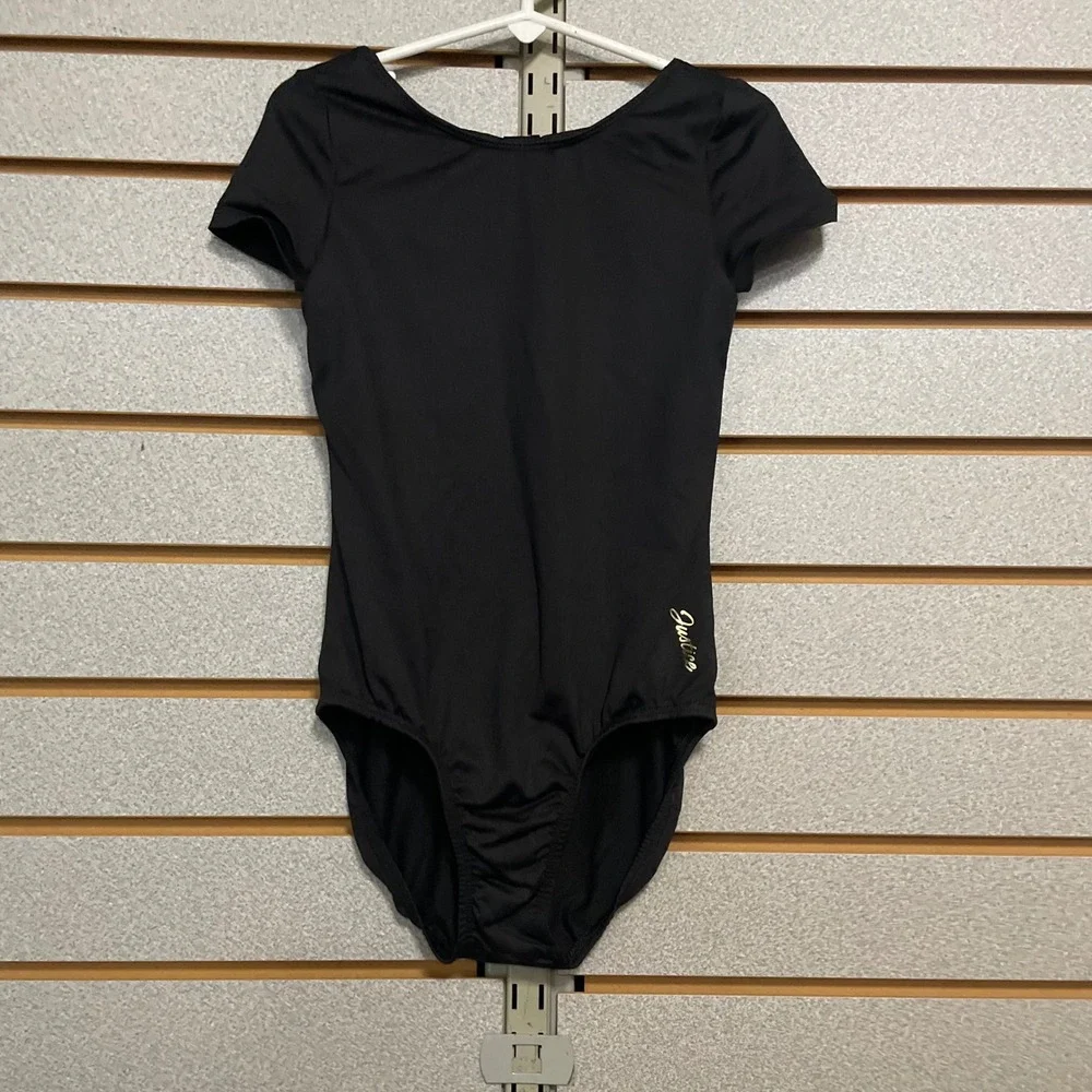 Justice Girls Black Short Sleeve Leotard Dance Gymnastics Ballet Size‎ S 7/8